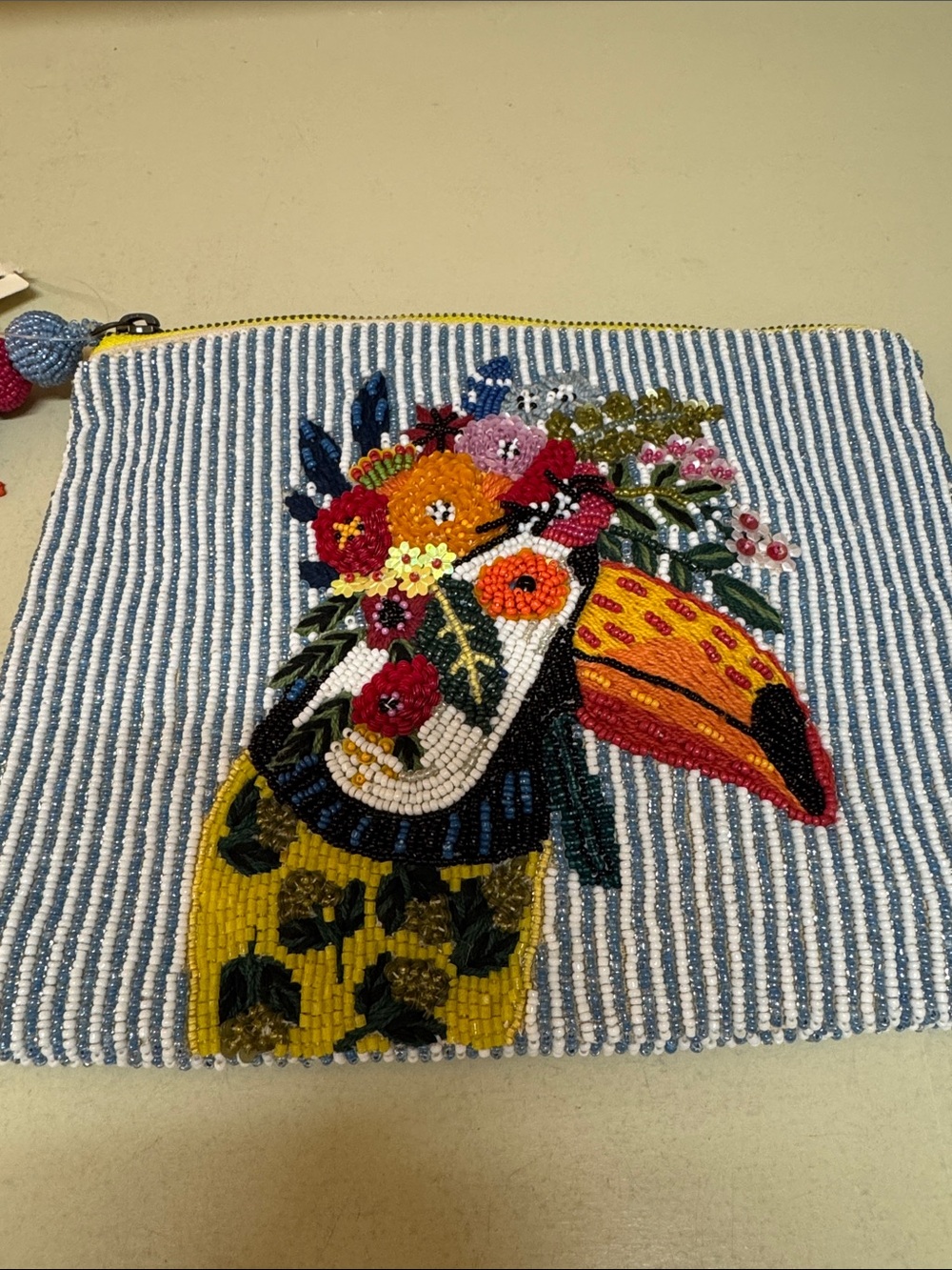 Anthropologie Blue Stripe Beaded Toucan Zip clutch, NWT - Picture 2 of 5